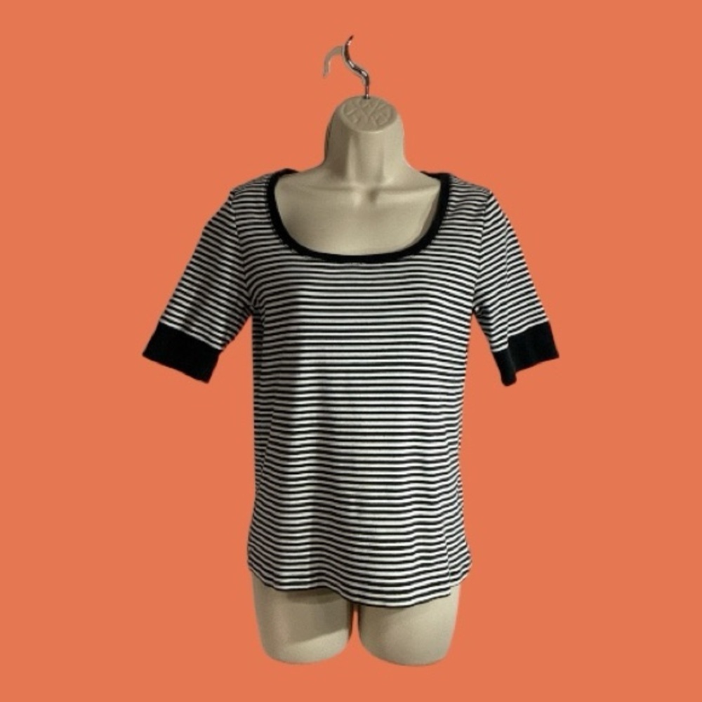 Jones NY Sport Black and White Striped Top Scoop Neck 100% Cotton Size Small